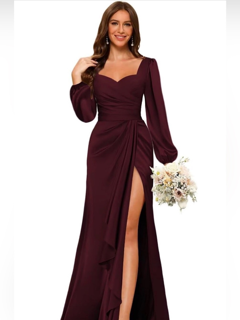 Elegant Long Sleeve Burgundy Evening Dress with Side Slit size 12